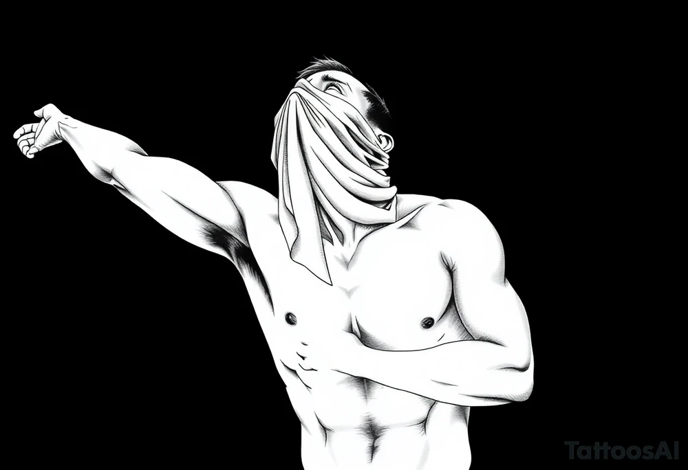 a naked man covering his eyes and mouth with a cloth with no emotions and looking up the sky tattoo idea