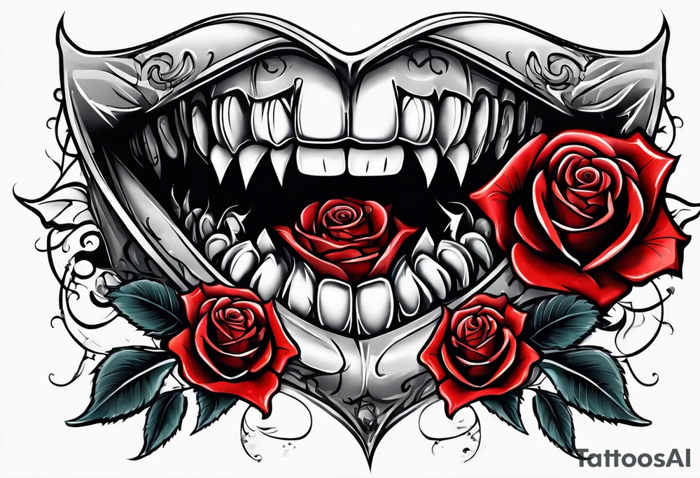 Sexy vampire mouth biting rose tattoo idea
