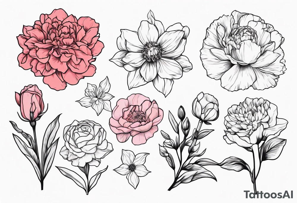 8 flowers bouquet with color:  carnation daffodil rose peony daphnee dahlia desiree daisy tattoo idea