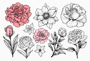 8 flowers bouquet with color:  carnation daffodil rose peony daphnee dahlia desiree daisy tattoo idea