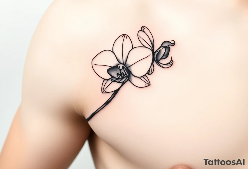 A delicate, black and white fine-line tattoo for make, featuring a gracefully detailed orchid stem with two flowers in full bloom, with soft, intricate petals and elegant curves tattoo idea