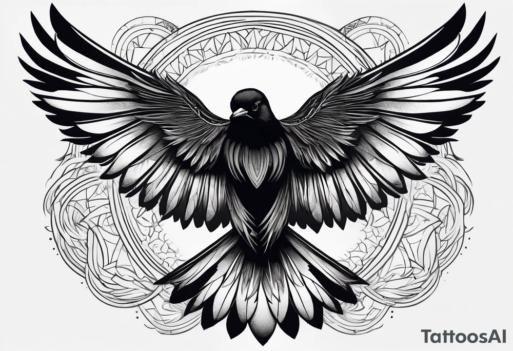 A detailed drawing of a black bird with outstretched wings, showcasing intricate feather patterns. The bird is centered on a plain white background, capturing a realistic and dynamic pose that emphasizes its wingspan and form. tattoo idea