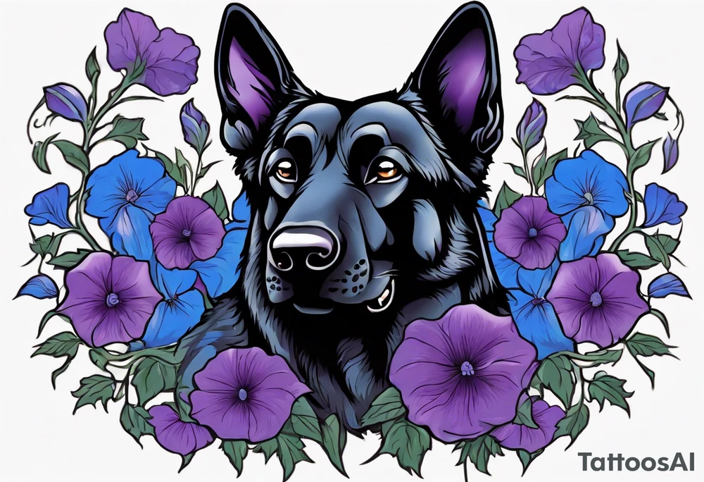 Black German shepherd face surrounded by blue and purple morning glories tattoo idea