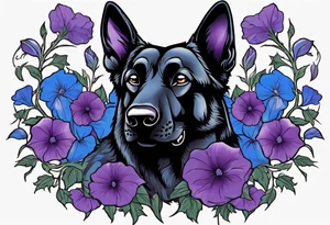Black German shepherd face surrounded by blue and purple morning glories tattoo idea