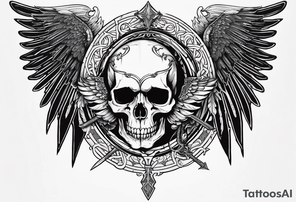 In the center is a half skull pierced by a large sword. On either side of the skull, there are spread angel wings, Beneath the skull is a ribbon with latvian symbols that weaves through both the skull and the sword tattoo idea