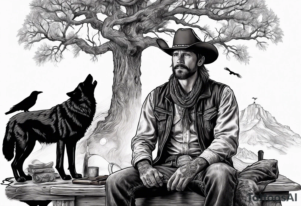 cowboy near death
 sitting in front of a fire with the tree of life behind him and a wolf and a raven tattoo idea