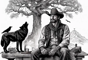cowboy near death
 sitting in front of a fire with the tree of life behind him and a wolf and a raven tattoo idea