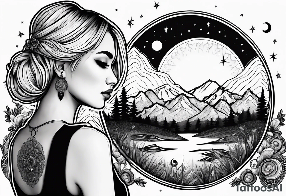 Straight blonde hair girl facing away toward mountains surrounded by mushrooms crescent moon mandala circular design black and white striped dress tattoo idea