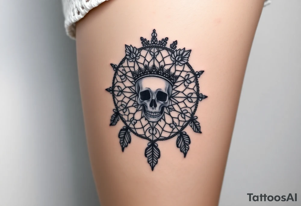 Mandala dream catcher lace with delicate skull and flowers wearing elegant crown tattoo idea
