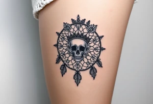 Mandala dream catcher lace with delicate skull and flowers wearing elegant crown tattoo idea