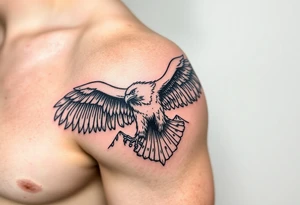 majestic eagle spreading wings against mountain peaks tattoo idea