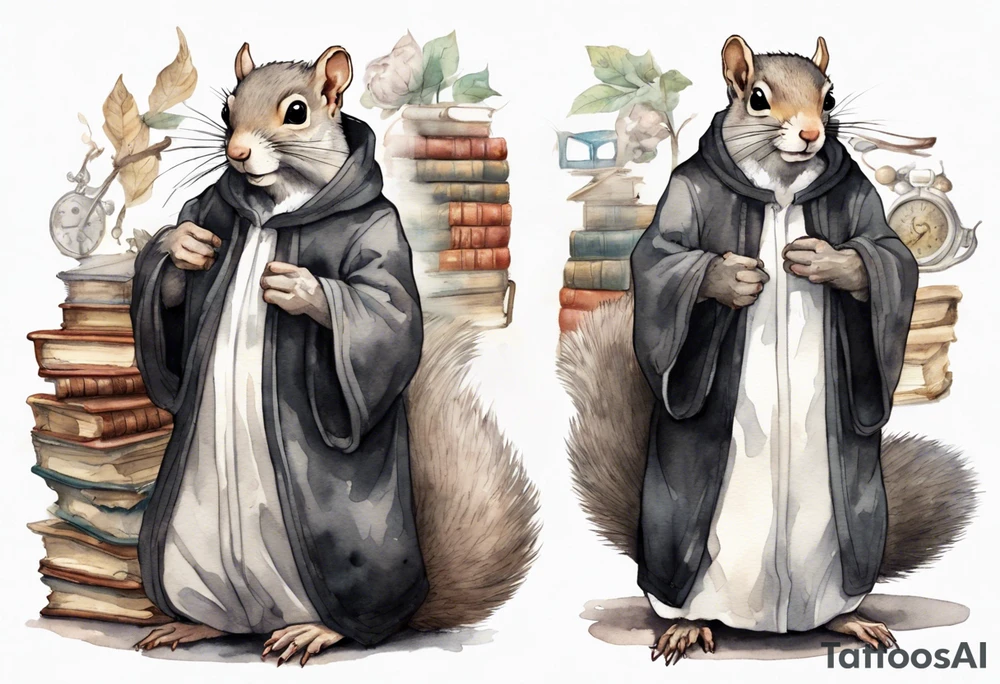 an elderly grey squirrel with a white beard and mustache wearing a black robe and wire-rimmed glasses standing in an ancient library tattoo idea