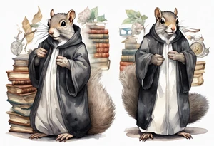 an elderly grey squirrel with a white beard and mustache wearing a black robe and wire-rimmed glasses standing in an ancient library tattoo idea