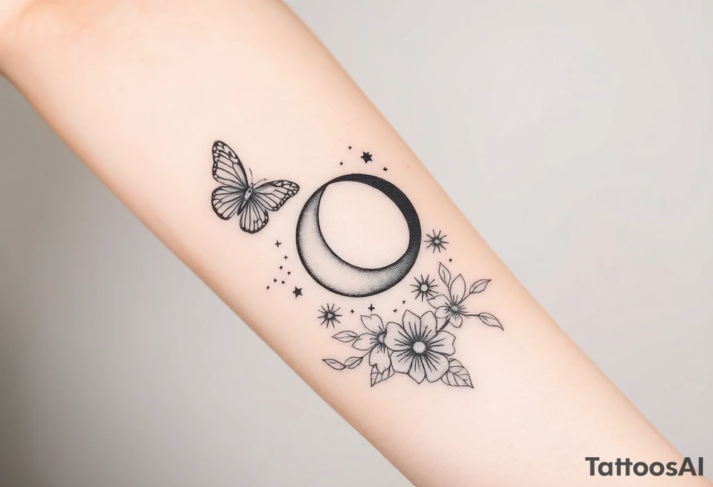 I have a full inside forearm done with butterfly’s, flowers, have a moon crust, dimonds, sprinkles so now I need to finish the other side it’s a long one from my wrist to the inside elbow tattoo idea