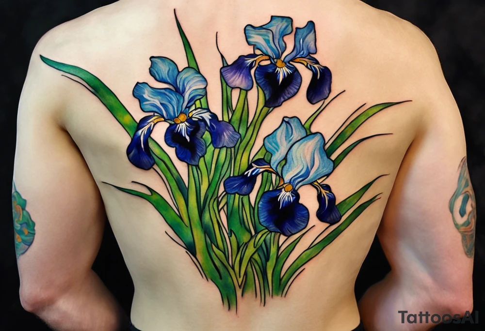 Create a small, thick, colorful Vincent van Gogh Irises tattoo, with vines in Celtic knots gracefully intertwining at mountains need to be present. The intended placement is on the upper chest. The overall design should be small in size while maintaining a delicate and artistic aesthetic. Pay attention to the graceful flow of the vines and the placement of the irises to achieve a refined and elegant look. tattoo idea