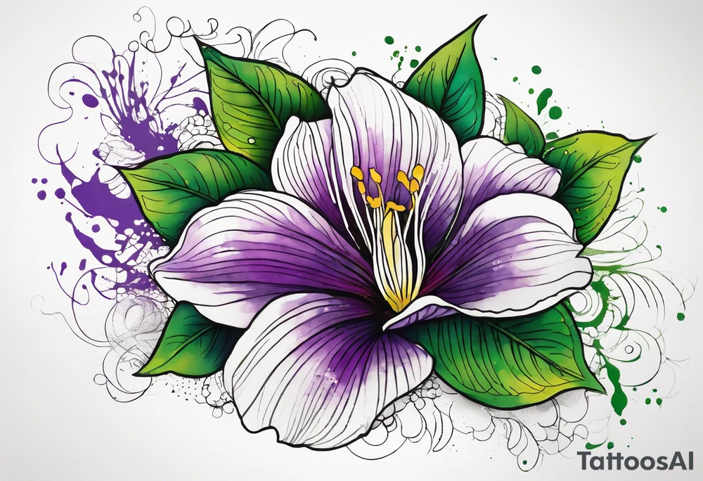 An outline of a rio dipladenia flower with a green and purple watercolor splash in the background tattoo idea