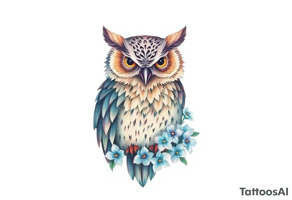 An owl outlined by forget me nots tattoo idea