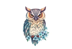 An owl outlined by forget me nots tattoo idea