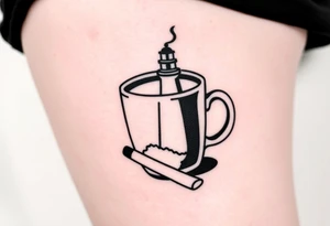 A mug of coffee
 with a picture of a 
 lighthouse on the the mug and a cigarette laying next to it tattoo idea