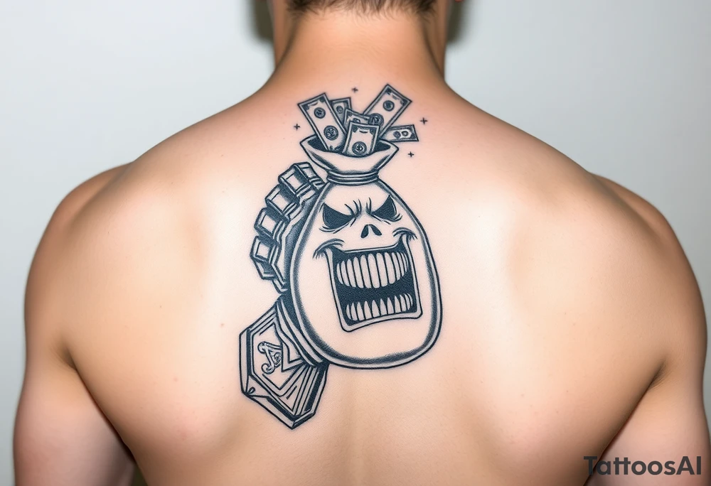 Infinity gauntlet holding a money bag that has a face and sharp teeth with money coming out the top tattoo idea