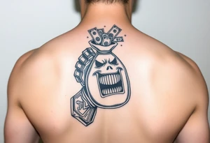 Infinity gauntlet holding a money bag that has a face and sharp teeth with money coming out the top tattoo idea