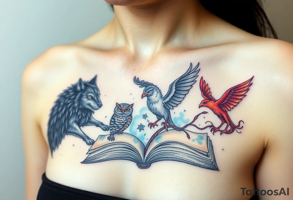 An open book with a werewolf, an owl & a dragon and a phoenix flying/running around the book tattoo idea