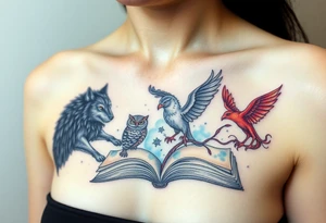 An open book with a werewolf, an owl & a dragon and a phoenix flying/running around the book tattoo idea