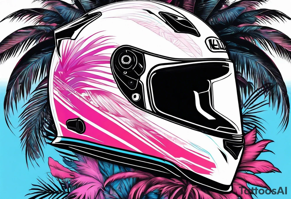 formula 1 helment with a palm tree and black light blue and pink colors tattoo idea