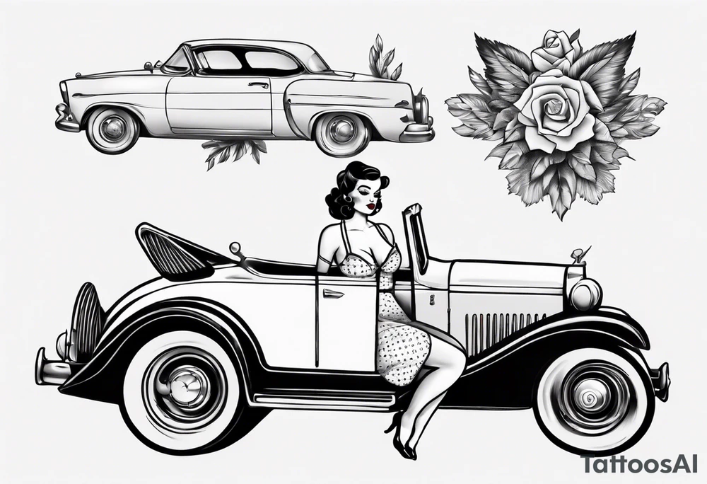 Pinup doll driving an old vintage car tattoo idea