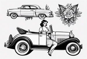Pinup doll driving an old vintage car tattoo idea