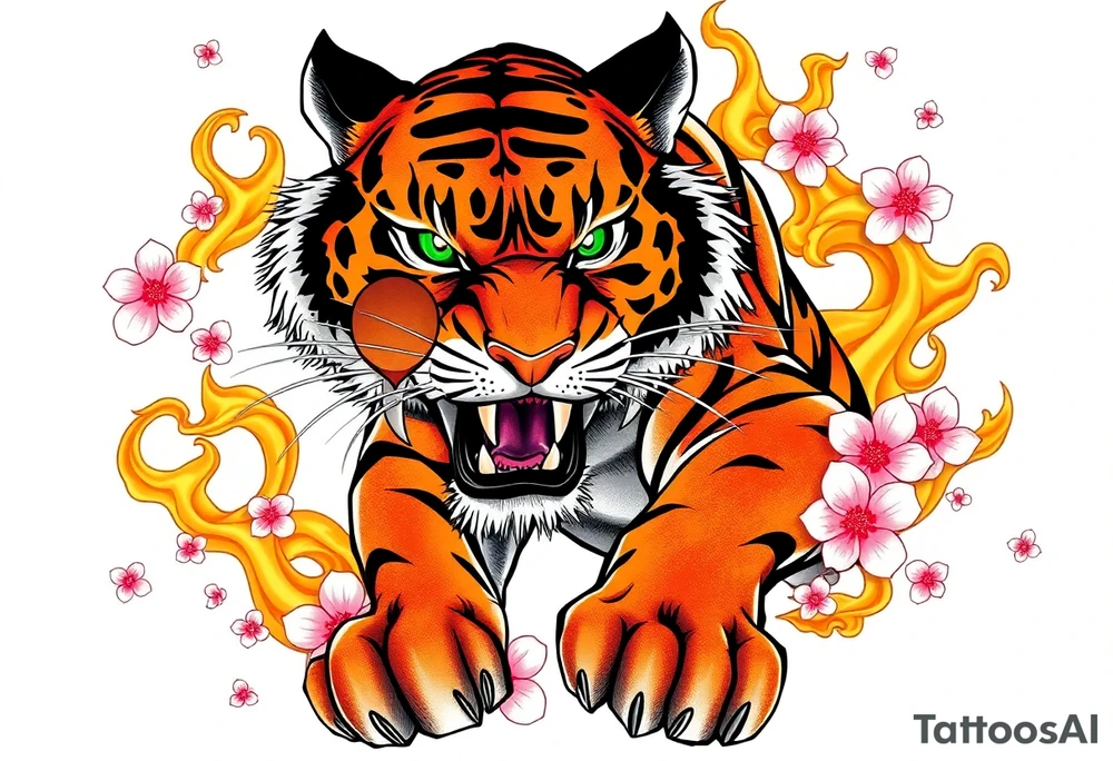 A fierce and majestic tiger, mid-roar, with piercing emerald-green eyes and bold orange-and-black striped fur. Its powerful muscles are accentuated by intricate shading, giving it a lifelike presence. Surrounding the tiger are swirling golden flames, symbolizing strength and resilience, while delicate cherry blossom petals in soft pink and white float around, representing balance between power and grace. tattoo idea