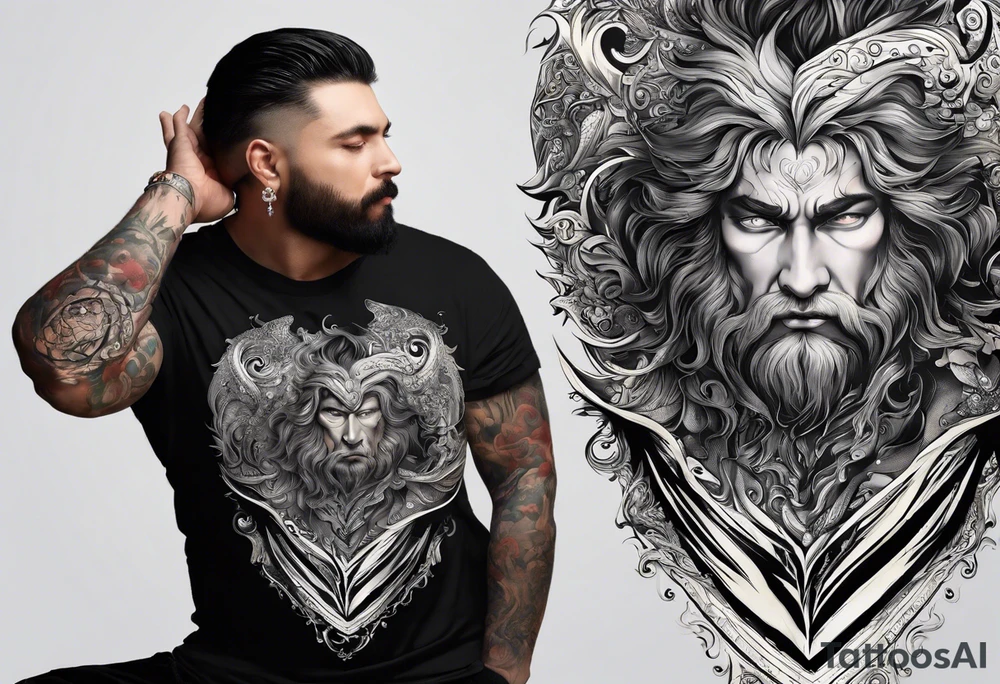 Creator for me a tatto design that consist in the following description, a man being held by the neck by his heart representing the emotions and fellings that make him stuck inside himself, on his side a beast represeting the rage and inner fury inside, glowing with all the mistakes that were made. On the other side a angelical creature, try to preserve the good side of him, and wanting him to follow a good path. tattoo idea