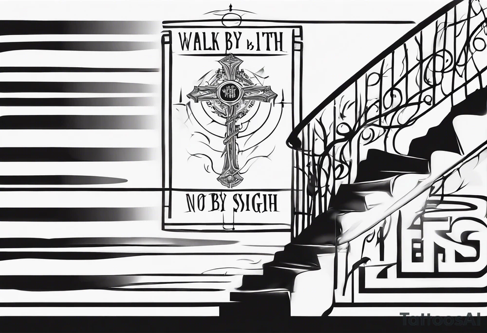 “walk by faith, not by sight” stairwell wrapping around the quote. This design captures the essence of the journey guided by faith. tattoo idea