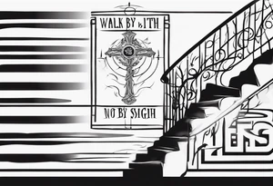 “walk by faith, not by sight” stairwell wrapping around the quote. This design captures the essence of the journey guided by faith. tattoo idea