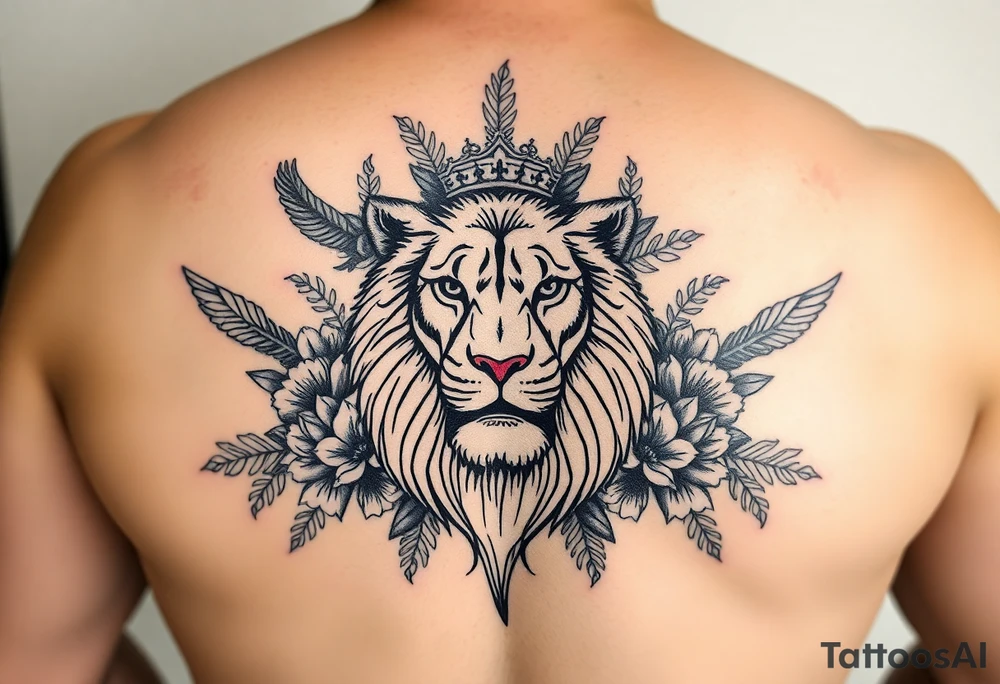 powerful majestic lion with a crown, surrounded by floral ornaments and birds tattoo idea