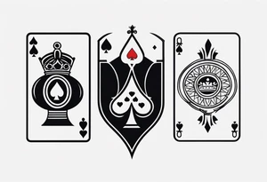 one combined tatto in minimalistic style with icon style three king of spades and icon style one queen of hearts. extreme minimalstic and few lines. much more minimalistic and fewer lines tattoo idea