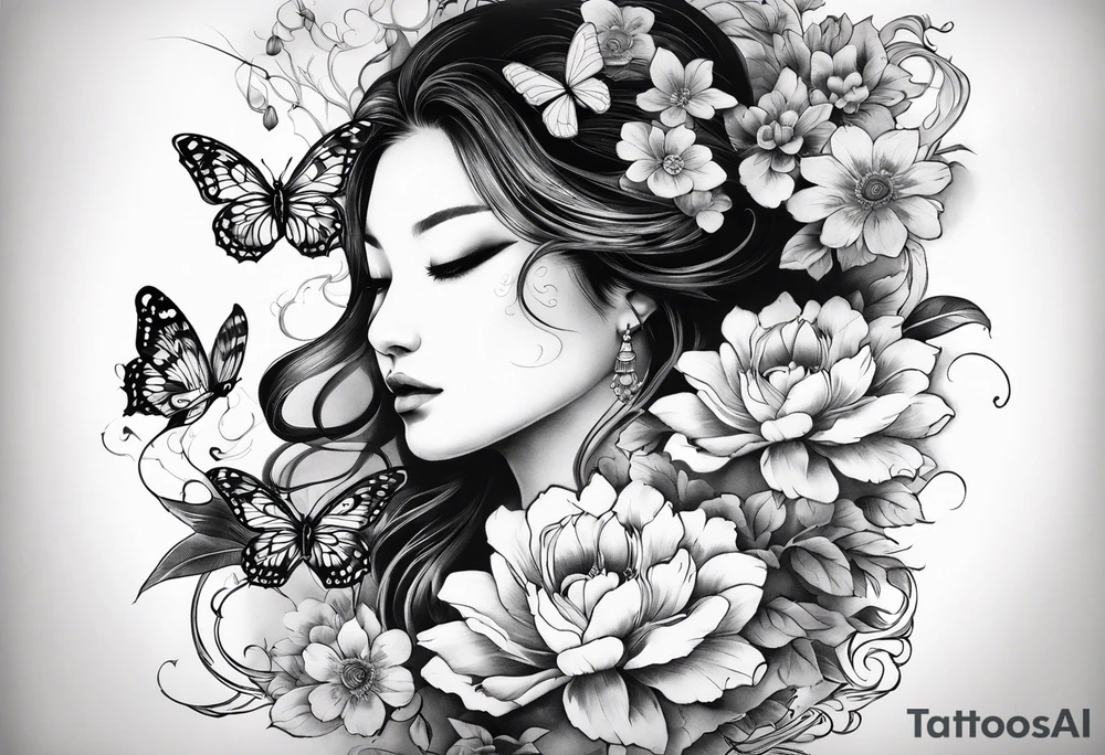 Life to death sleeve with butterflies and flowers tattoo idea