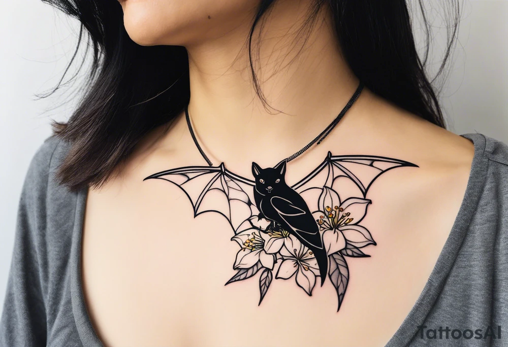Shoulder and collarbone tattoo of a vibe of night-blooming Jasmine with a bat hanging from one of the stems. Make the bat spooky tattoo idea