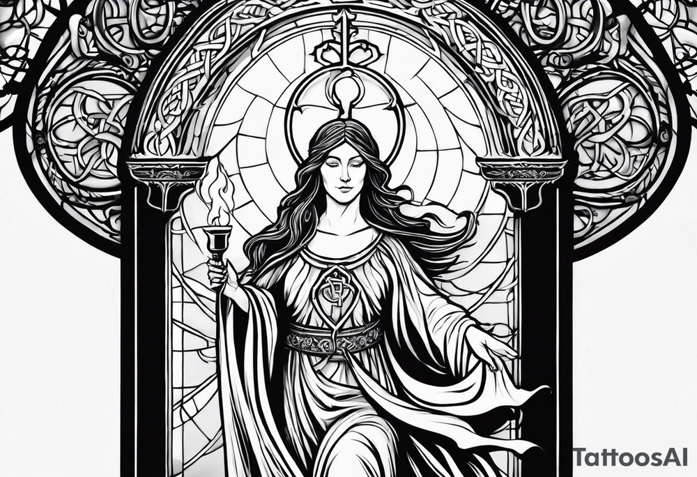 A full back piece themed on the surname mcbride and the irish saint brigid. It should take inspiration from artwork of saint brigid holding fire in her hands. It should have the text Vincit Pericula Virtus on it tattoo idea