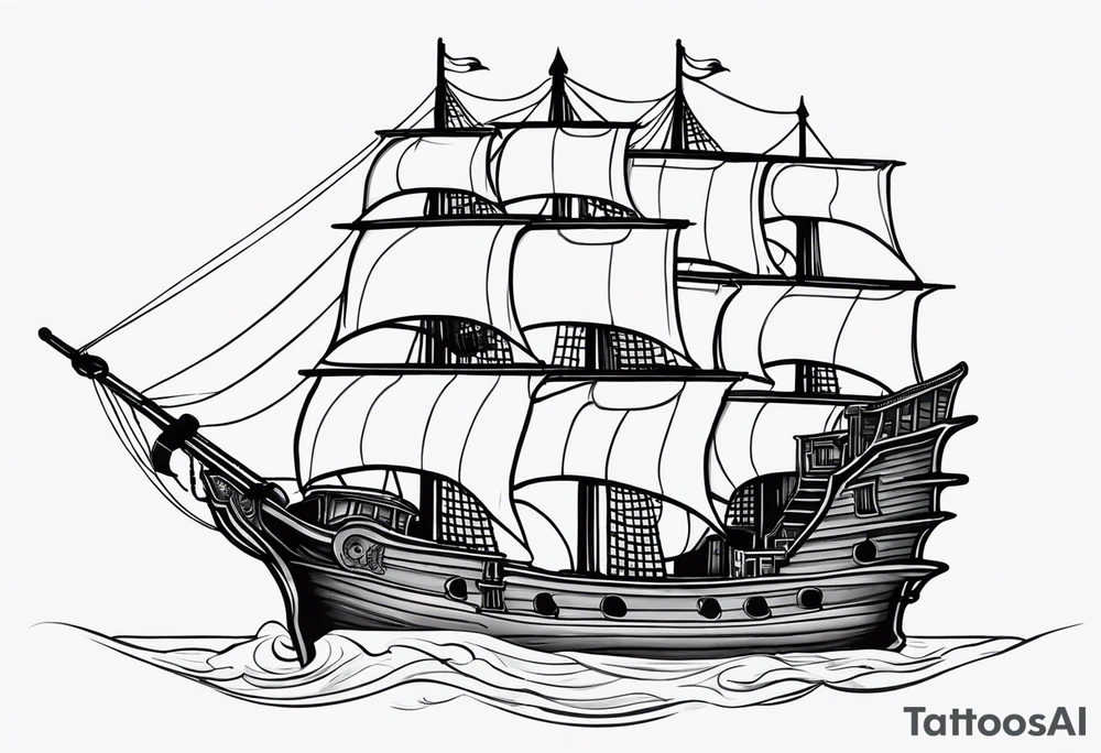 Black and gray pirate ship with the names Albie and Crew tattoo idea