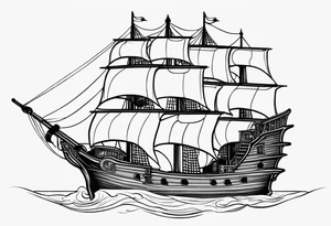 Black and gray pirate ship with the names Albie and Crew tattoo idea