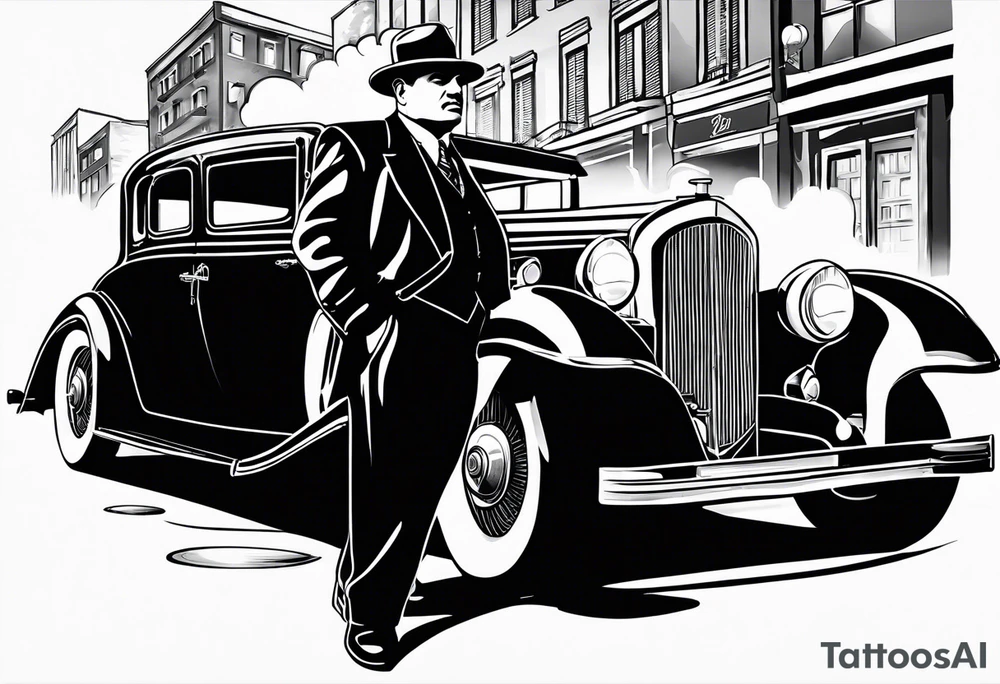 Al Capone style gangsters with machine guns set with a 1930s city street background, include a 1930's car , flames and smoke tattoo idea