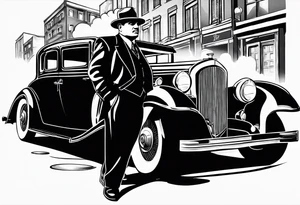 Al Capone style gangsters with machine guns set with a 1930s city street background, include a 1930's car , flames and smoke tattoo idea