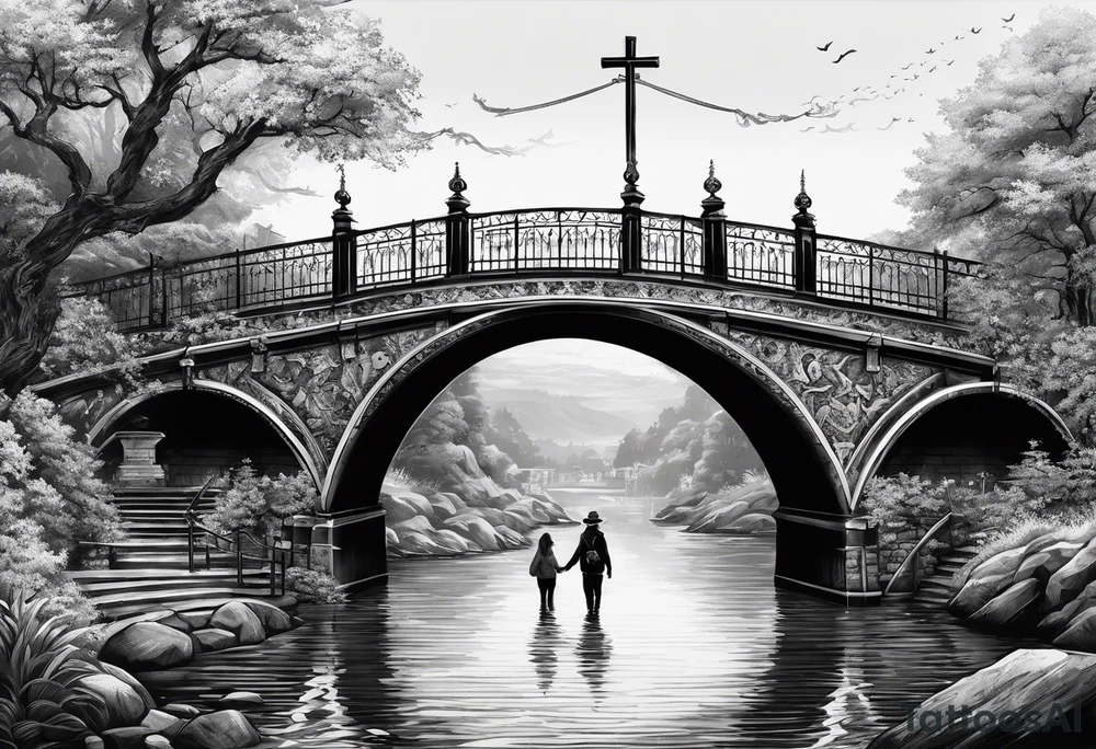 Cross shaped bridge with people walking across tattoo idea Cross shaped bridge with people walking across tattoo idea