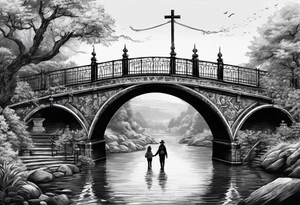 Cross shaped bridge with people walking across tattoo idea