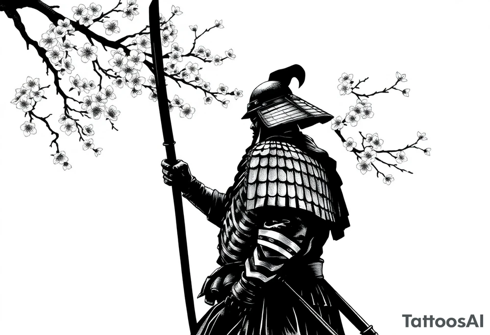 noble samurai warrior silhouette at sunset with cherry blossoms tattoo idea