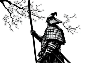 noble samurai warrior silhouette at sunset with cherry blossoms tattoo idea