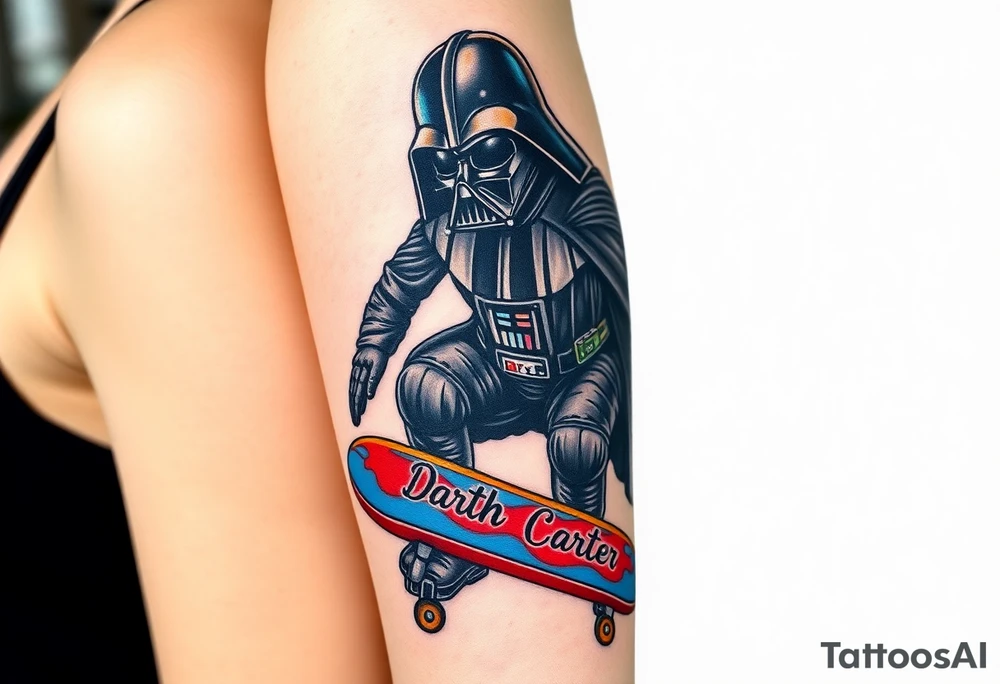 Darth Vader skateboarding >
blue & red
skateboard say "Darth Carter"
12/29/88-01/06/24 tattoo idea