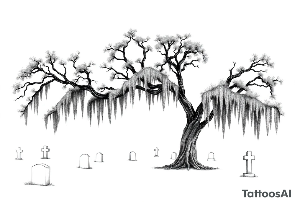 Oak trees with Spanish moss in a cemetery tattoo idea