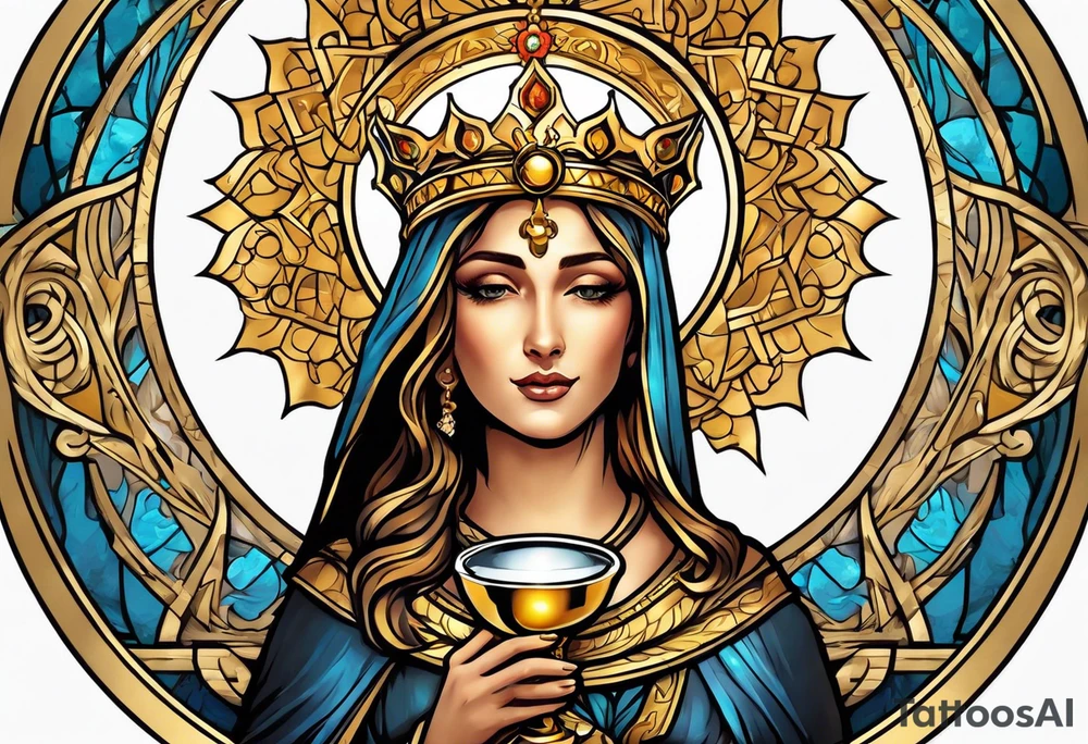 holy saint woman with golden halo holding a chalice tattoo idea